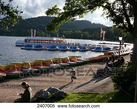 Stock Photography - Pedal boats at lakeside, Titisee, Black Forest, Baden-Wuerttemberg, Germany . Fotosearch