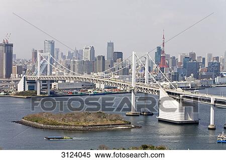 Rainbow Bridge with skyline, Tokyo, Japan, aerial perspective View Large Photo Image Stock Photography - Rainbow Bridge with skyline, Tokyo, Japan, aerial perspective . Fotosearch