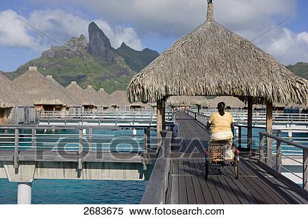 Stock Photography - Rear view of woman riding tricycle on jetty, Saint-Regis Resort, Bora Bora, Society Island, French Polynesia . Fotosearch