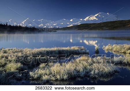 Reflection of snow covered mountain range in water, Wonder Lake, Mt McKinley, Denali National Park, Alaska, USA View Large Photo Image Stock Image - Reflection of snow covered mountain range in water, Wonder Lake, Mt McKinley, Denali National Park, Alaska, USA . Fotosearch