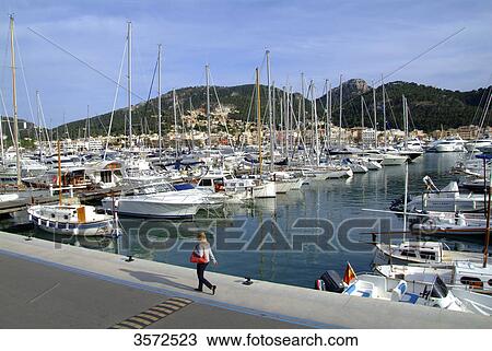 Stock Image - Sailing boats in marina, Puerto de Andraitx, Mallorca, Spain, Europe . Fotosearch