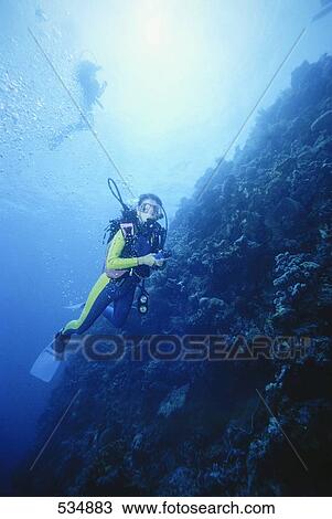 Stock Image - Scuba diver exploring under the sea . Fotosearch