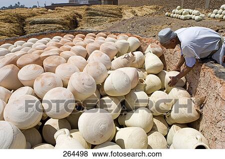 Stock Photo - Side profile of man drying argyle pots, Egypt . Fotosearch