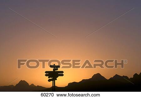 Stock Image - Silhouette of a signpost at dawn, Vorarlberg, Austria . Fotosearch