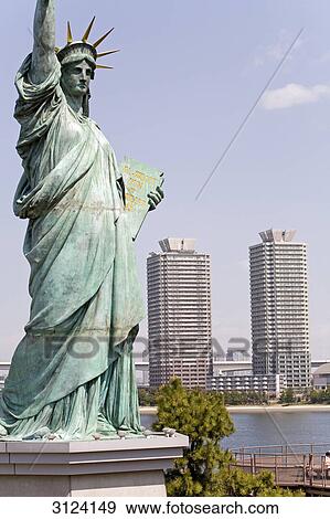 Statue of Liberty replica, skyscrapers in the background, Tokyo, Japan View Large Photo Image Stock Photo - Statue of Liberty replica, skyscrapers in the background, Tokyo, Japan . Fotosearch