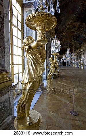 Statues in glass gallery of castle, Hall of Mirrors, Palace of Versailles, Paris, France View Large Photo Image Stock Photo - Statues in glass gallery of castle, Hall of Mirrors, Palace of Versailles, Paris, France . Fotosearch