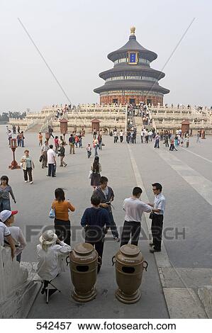 Stock Photo - Tourists in courtyard of temple, Hall Of Prayer For Good Harvests, Temple Of Heaven, Beijing, China . Fotosearch