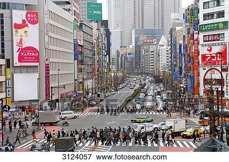 Stock Photo - View of a busy street, Tokyo, Japan, high angle view . Fotosearch