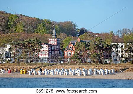 Stock Photo - Beach with beach chairs and seafront in Binz, Ruegen, Germany . Fotosearch