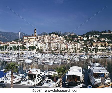 Picture - Boats in harbor, Menton, France . Fotosearch
