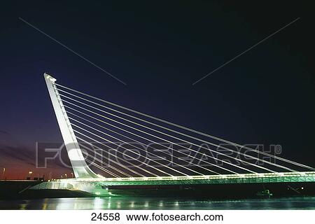 Bridge lit up at night, Alamillo Bridge, Seville, Spain View Large Photo Image Stock Photo - Bridge lit up at night, Alamillo Bridge, Seville, Spain . Fotosearch