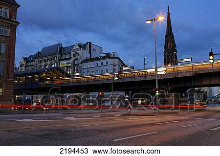 Stock Image - Buildings in city, Roedingsmarkt, St. Nicholas' Church, Hamburg, Germany . Fotosearch