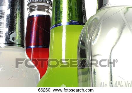 Stock Image - Close-up of bottles of beverages . Fotosearch