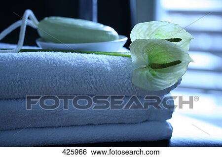 Stock Photograph - Close-up of flamingo flowers on towels . Fotosearch