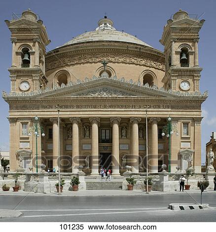 Facade of church, Rotunda Of St. Marija Assunta, Mosta, Malta View Large Photo Image Stock Photography - Facade of church, Rotunda Of St. Marija Assunta, Mosta, Malta . Fotosearch