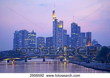 Financial district skyline at dusk, Frankfurt am Main, Germany View Large Photo Image Stock Image - Financial district skyline at dusk, Frankfurt am Main, Germany . Fotosearch