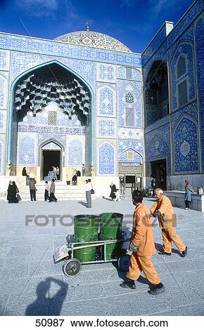 Stock Photo - Garbage men in front of mosque, Shaikh Lotfollah Mosque, Esphahan, Iran . Fotosearch