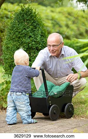 Grandfather and toddler with doll's pram outdoors View Large Photo Image Stock Photo - Grandfather and toddler with doll's pram outdoors . Fotosearch