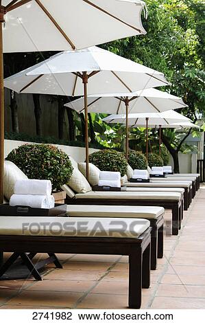 Lounge chairs and sunshades in row, Asia View Large Photo Image Stock Image - Lounge chairs and sunshades in row, Asia . Fotosearch