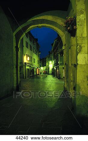 Narrow street at night, Annecy, Haute-Savoie, France View Large Photo Image Stock Image - Narrow street at night, Annecy, Haute-Savoie, France . Fotosearch