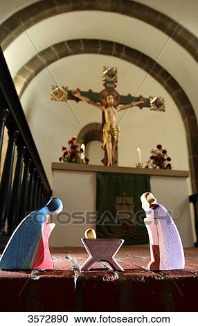 Stock Image - Nativity scene figures, Church of Our Lady, Soerup, Schleswig-Holstein, Germany, Europe . Fotosearch