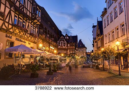 Stock Image - Old market square in Bacharach in the evening, Germany . Fotosearch