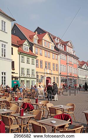 Stock Image - Pavement cafe at the Cathedral Square of Erford, Germany . Fotosearch