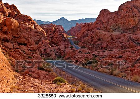 Stock Image - Street through Valley of Fire State Park, Nevada, USA, elevated view . Fotosearch