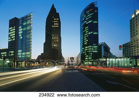 Traffic on road at dusk, Beisheim Center, Sony Center, Kollhoff Tower, Potsdamer Platz, Berlin, Germany View Large Photo Image Stock Image - Traffic on road at dusk, Beisheim Center, Sony Center, Kollhoff Tower, Potsdamer Platz, Berlin, Germany . Fotosearch