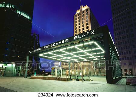 Underground railroad station lit up at dusk, The Ritz-Carlton, Beisheim Center, Potsdamer Platz, Berlin, Germany View Large Photo Image Picture - Underground railroad station lit up at dusk, The Ritz-Carlton, Beisheim Center, Potsdamer Platz, Berlin, Germany . Fotosearch