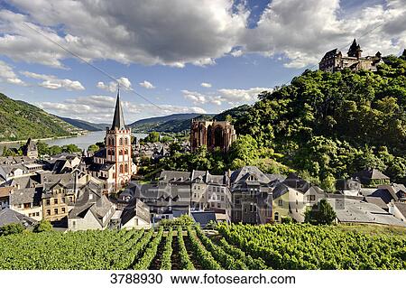Stock Image - View on Bacharach with Church St. Peter, Werner Chapel and Stahleck Castle, Germany . Fotosearch