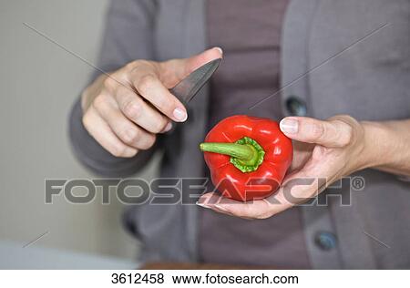 Woman slicing pepper in kitchen, close-up View Large Photo Image Stock Photo - Woman slicing pepper in kitchen, close-up . Fotosearch