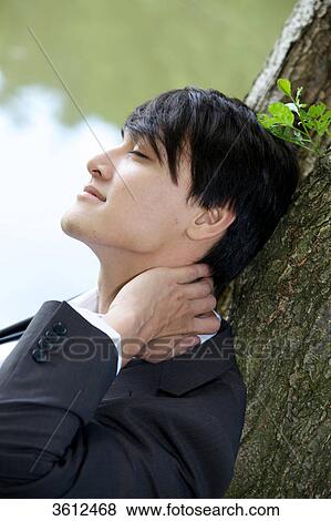 Young businessman leaning against tree trunk, profile View Large Photo Image Stock Photo - Young businessman leaning against tree trunk, profile . Fotosearch