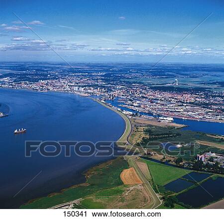 Aerial view of a coastline, Bremerhaven, Germany View Large Photo Image Stock Image - Aerial view of a coastline, Bremerhaven, Germany . Fotosearch