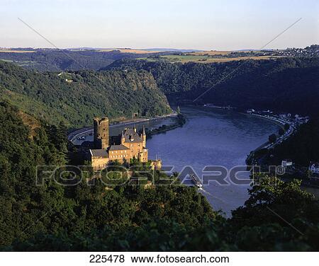 Aerial view of castle, Burg Katz, St. Goarshausen, Rhine River, Germany View Large Photo Image Stock Photo - Aerial view of castle, Burg Katz, St. Goarshausen, Rhine River, Germany . Fotosearch