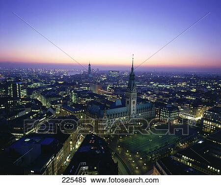 Aerial view of city lit up at night, Hamburg, Germany View Large Photo Image Stock Photography - Aerial view of city lit up at night, Hamburg, Germany . Fotosearch
