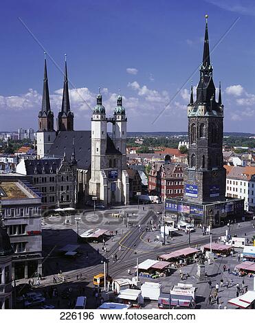 Stock Photograph - Aerial view of market in front of church, Dresden, Germany . Fotosearch