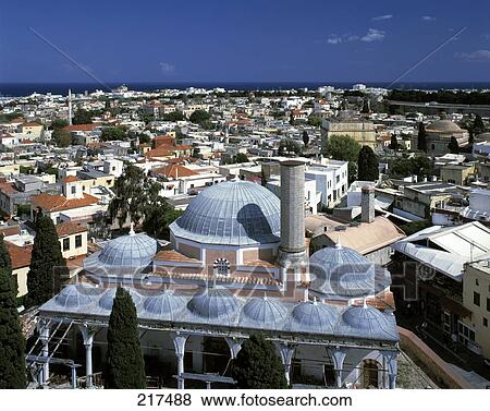 Aerial view of mosque in city, Rhodes, Greece View Large Photo Image Stock Photo - Aerial view of mosque in city, Rhodes, Greece . Fotosearch