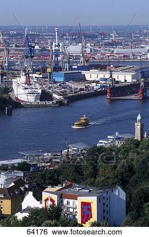 Aerial view of port, Michaeliskirche, Hamburg, Germany View Large Photo Image Stock Photograph - Aerial view of port, Michaeliskirche, Hamburg, Germany . Fotosearch