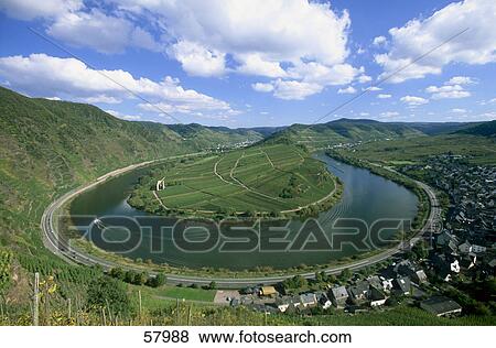 Stock Photo - Aerial view of river flowing through landscape, Moselle River, Bremm, Rhineland-Palatinate, Germany . Fotosearch