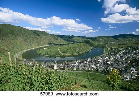 Aerial view of river flowing through landscape, Moselle River, Bremm, Rhineland-Palatinate, Germany View Large Photo Image Stock Photo - Aerial view of river flowing through landscape, Moselle River, Bremm, Rhineland-Palatinate, Germany . Fotosearch
