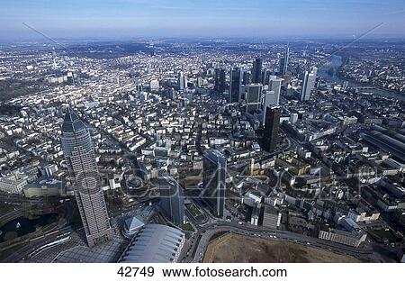 Aerial view of skyscrapers in city, Messeturm, Frankfurt, Germany View Large Photo Image Stock Photo - Aerial view of skyscrapers in city, Messeturm, Frankfurt, Germany . Fotosearch