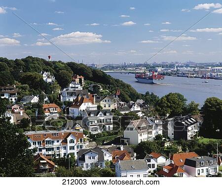 Aerial view of town at coast, River Elbe, Hamburg, Germany View Large Photo Image Stock Image - Aerial view of town at coast, River Elbe, Hamburg, Germany . Fotosearch
