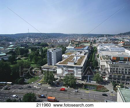 Aerial view of traffic on road in city, Koenigsstrasse, Stuttgart, Germany View Large Photo Image Stock Image - Aerial view of traffic on road in city, Koenigsstrasse, Stuttgart, Germany . Fotosearch