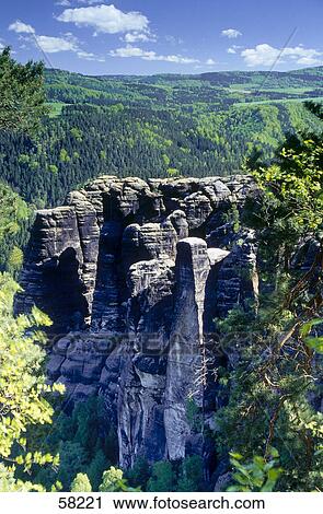Stock Image - Aerial view of trees in forest, Sachsische Schweiz National Park, Saxony, Germany . Fotosearch