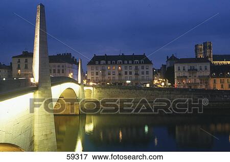 Stock Photo - Arch bridge at night, Saone River, Burgundy, France, Europe . Fotosearch