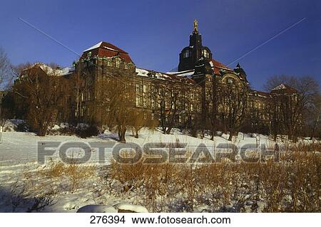 Picture - Bare trees in front of government building, Dresden, Saxony, Germany . Fotosearch