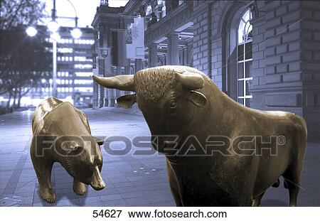 Stock Photo - Bear and bull sculptures outside stock exchange building, Frankfurt Stock Exchange, Frankfurt, Germany . Fotosearch
