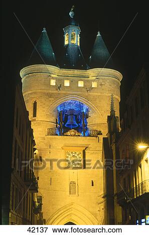 Stock Photo - Bell tower lit up at night, Bordeaux, Aquitaine, France . Fotosearch
