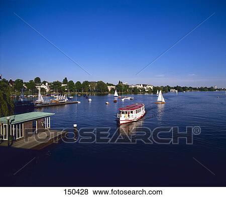 Stock Photo - Boats in river, Lake Aussenalster, Hamburg, Germany . Fotosearch